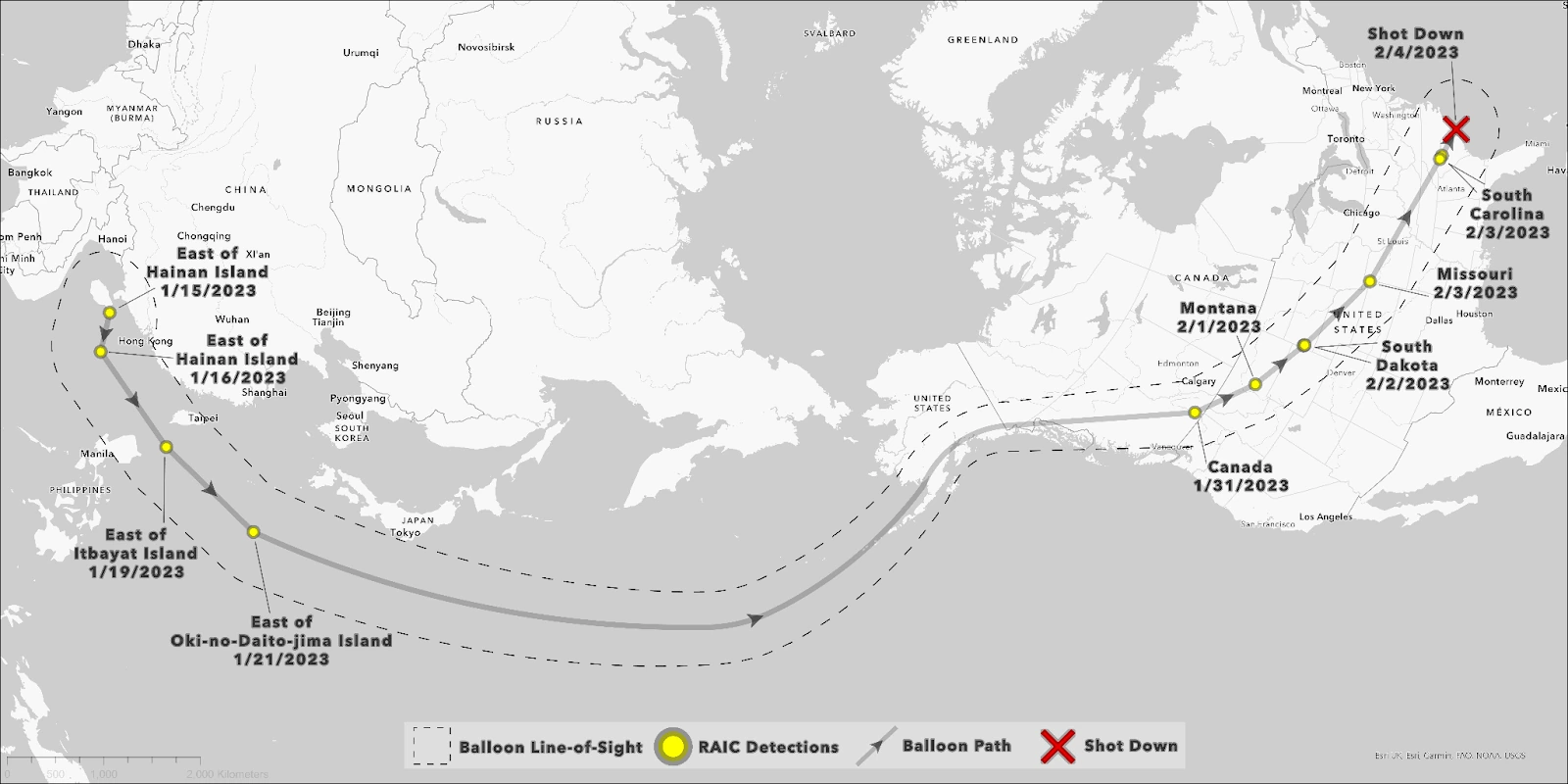 Balloon track plotted across a wide-area satellite mosaic