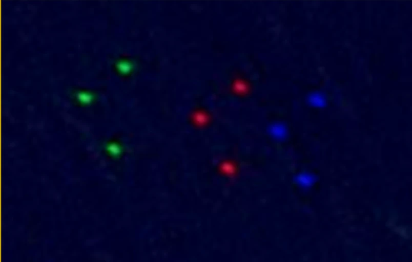 Satellite chip in which each aircraft appears as separated red, green, and blue dots