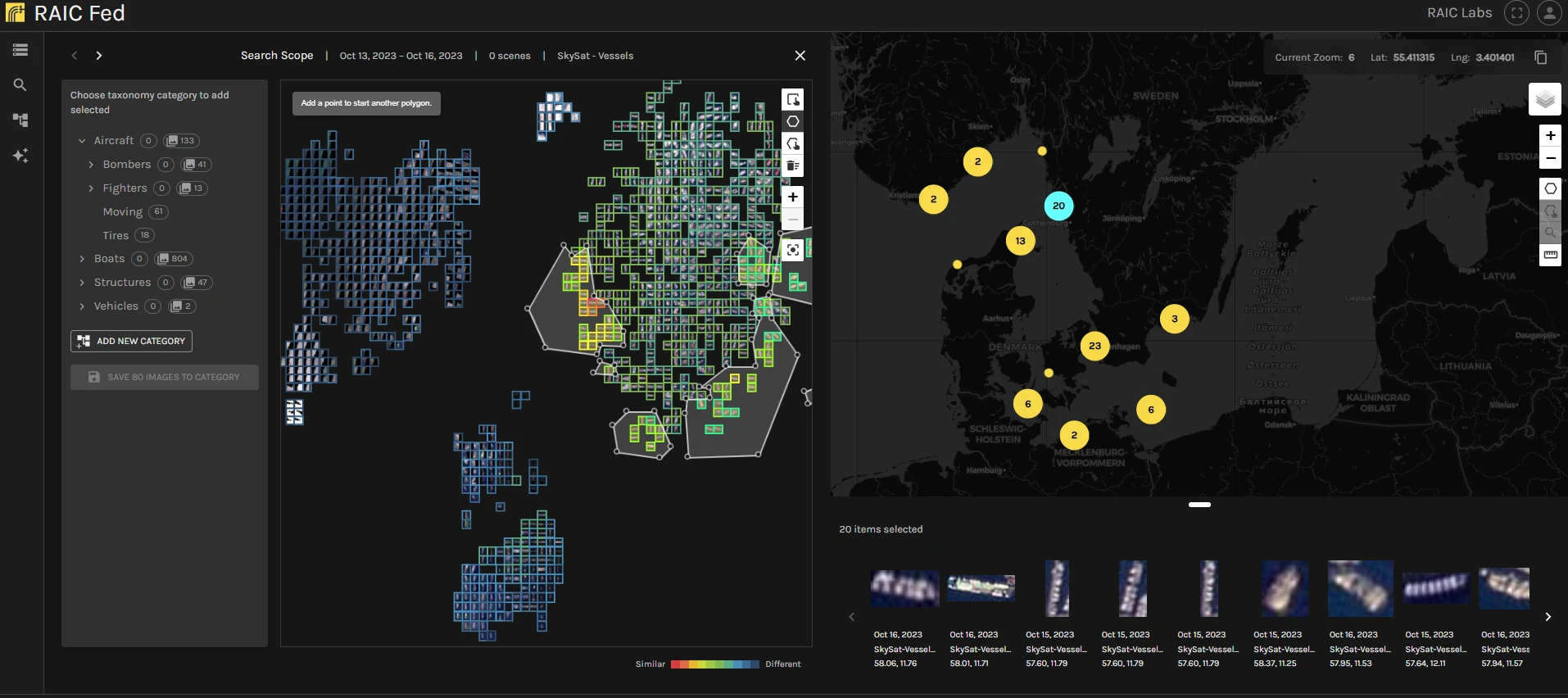 RAIC context map with clustered results and detections shown in geographic context