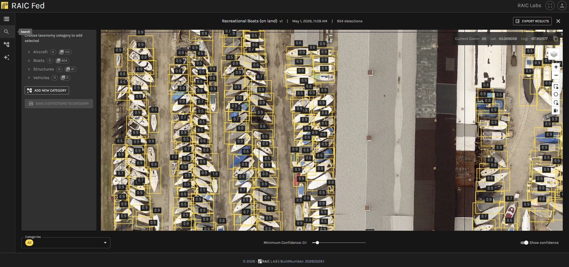 RAIC model results showing detected vehicles with bounding boxes