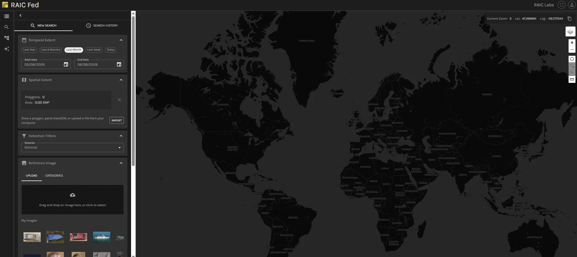 RAIC search workspace with temporal, spatial, detector, and reference image controls