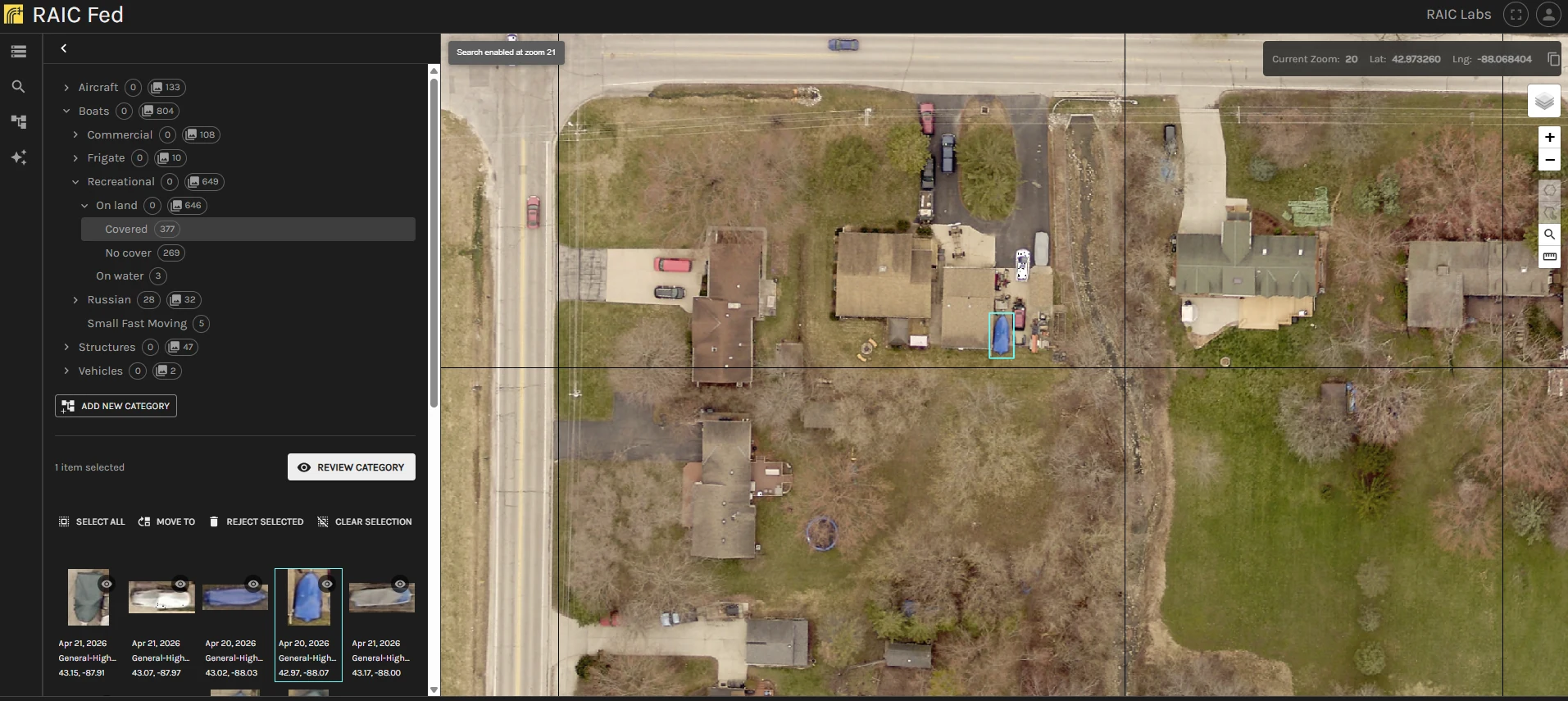 RAIC taxonomy review interface showing selected imagery in map context