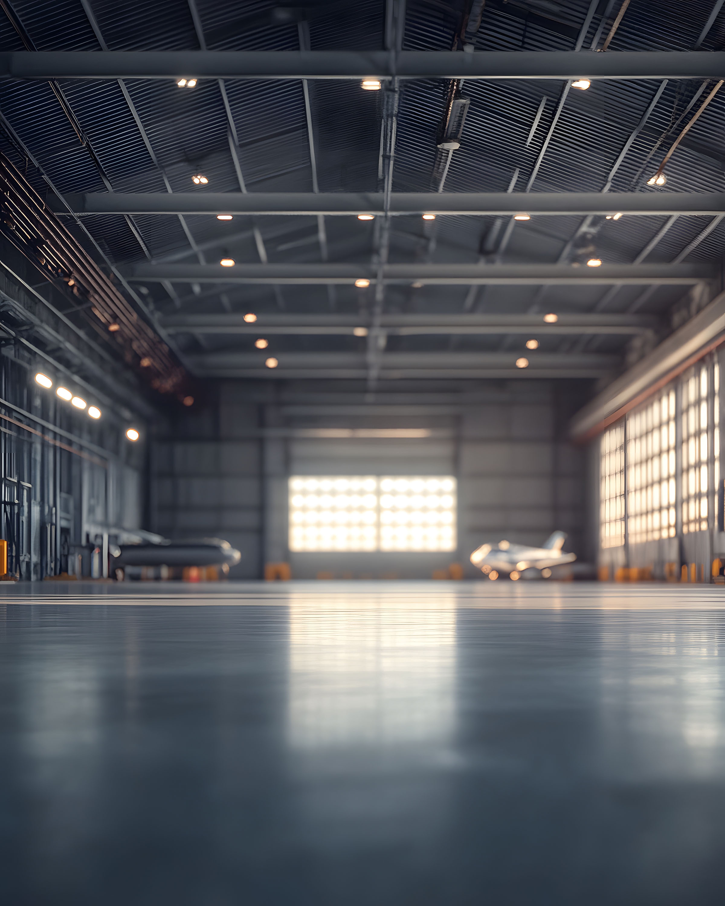 Military aircraft parked inside a hangar seen from above