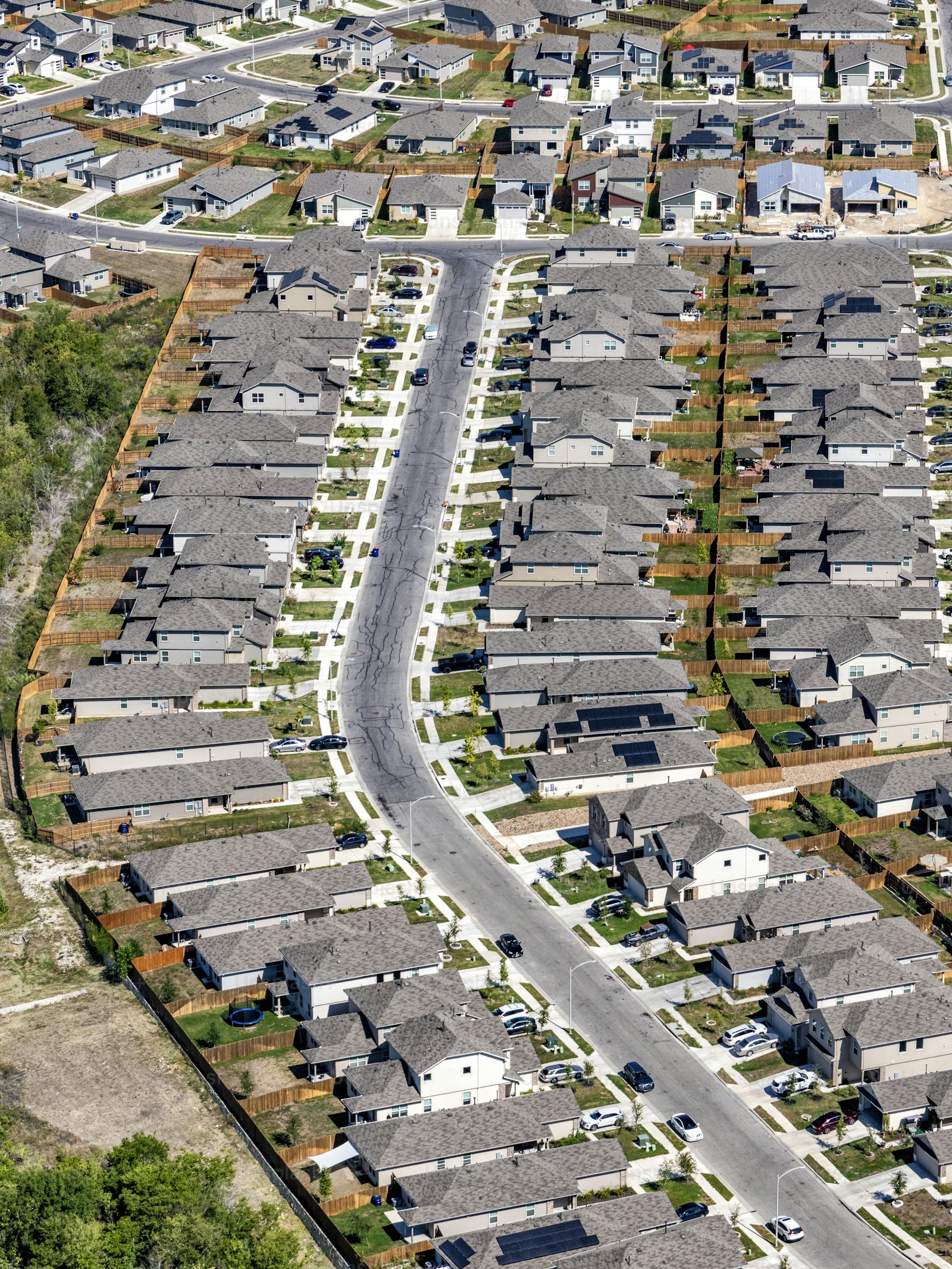 Aerial view of a residential neighborhood and street grid